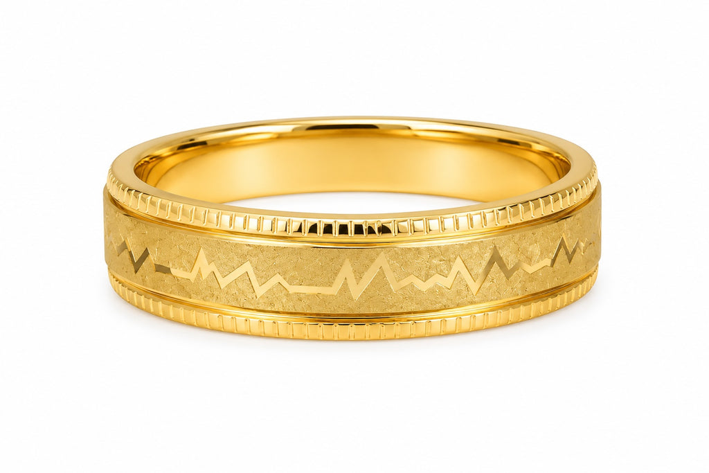 Gold ring with a unique design on a white background