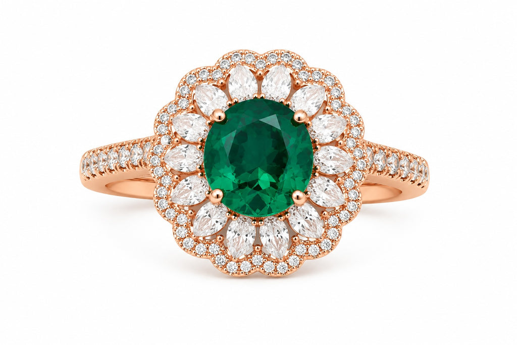 Rose gold ring with a green gemstone and diamond accents on a white background
