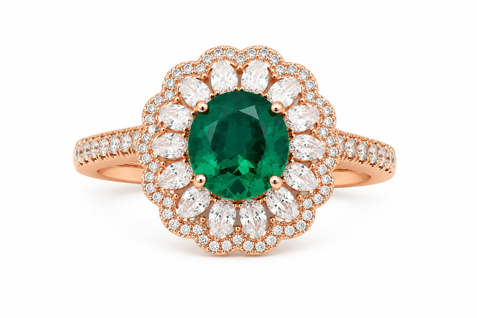 Rose gold ring with a green gemstone and diamond accents on a white background