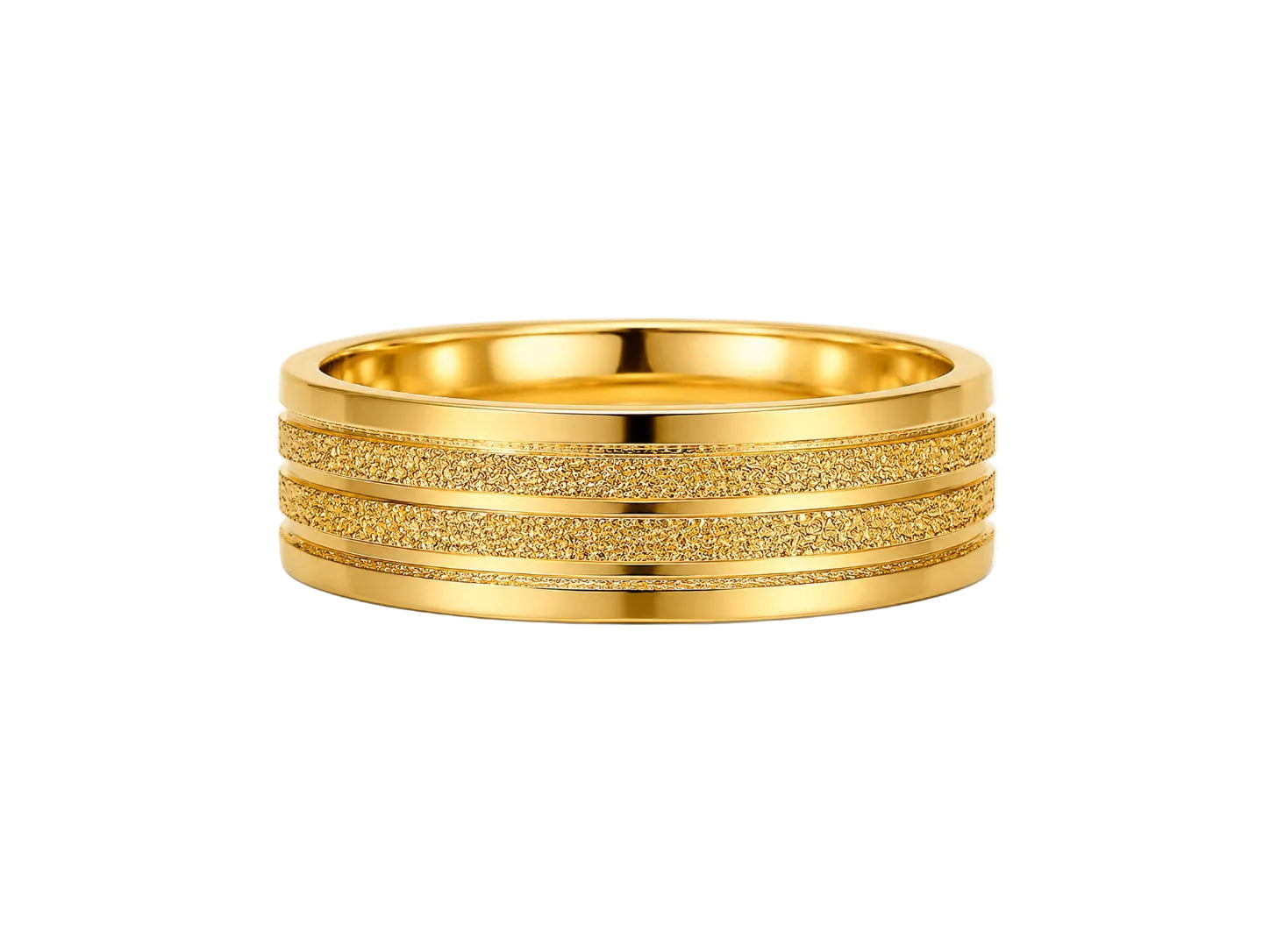 Gold ring with textured band on a white background