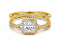 Gold ring with a large diamond and smaller diamonds on a white background