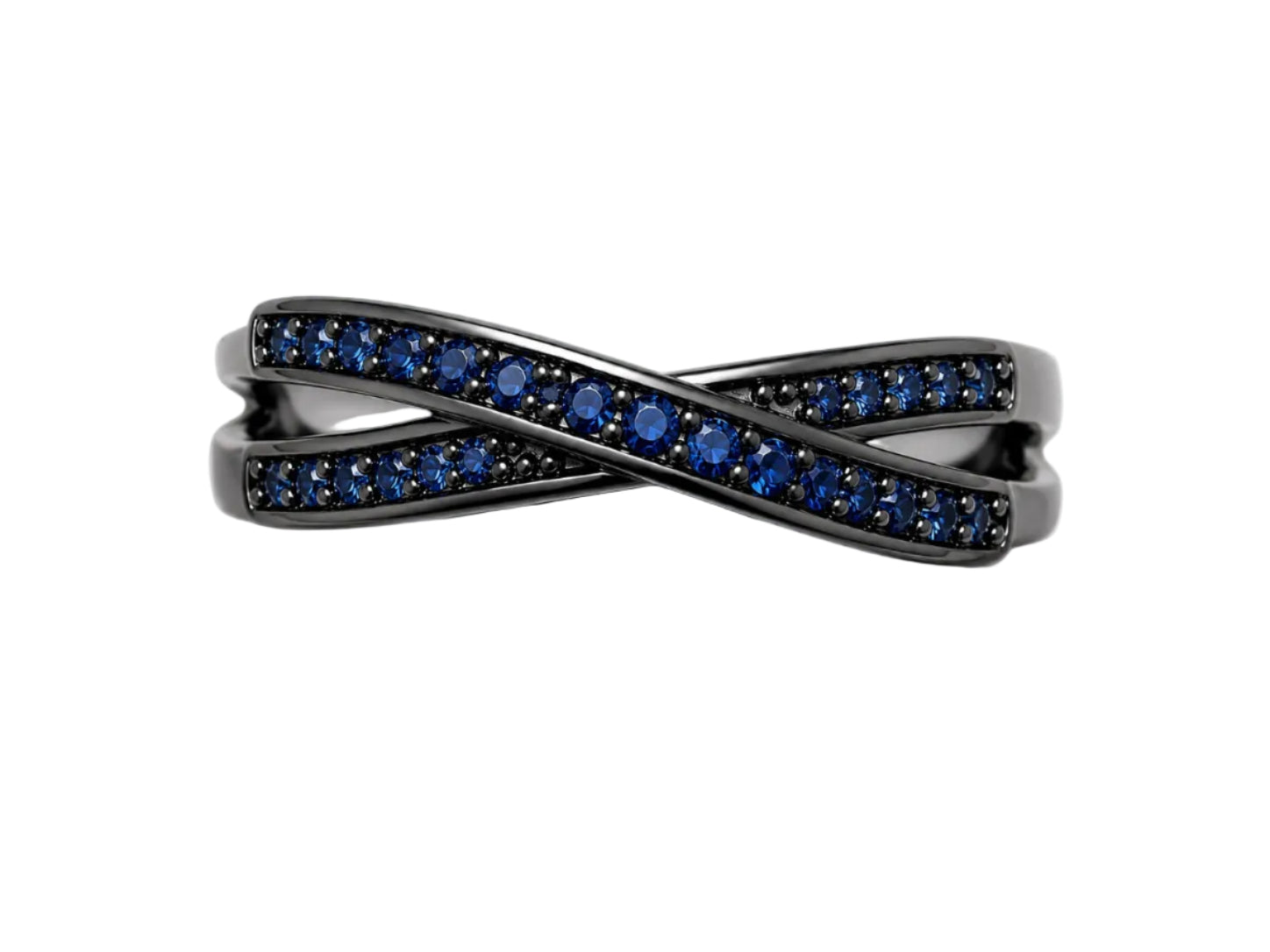 Black cross-shaped ring with blue gemstones on a white background