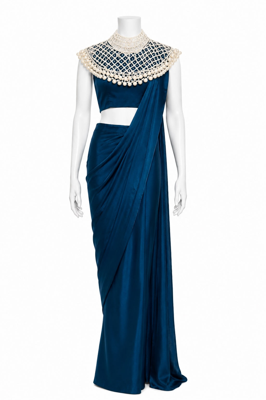 Midnight Blue Ready-to-Wear Saree with Pearl Embellished Collar | Designer Saree