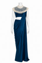 Midnight Blue Ready-to-Wear Saree with Pearl Embellished Collar | Designer Saree