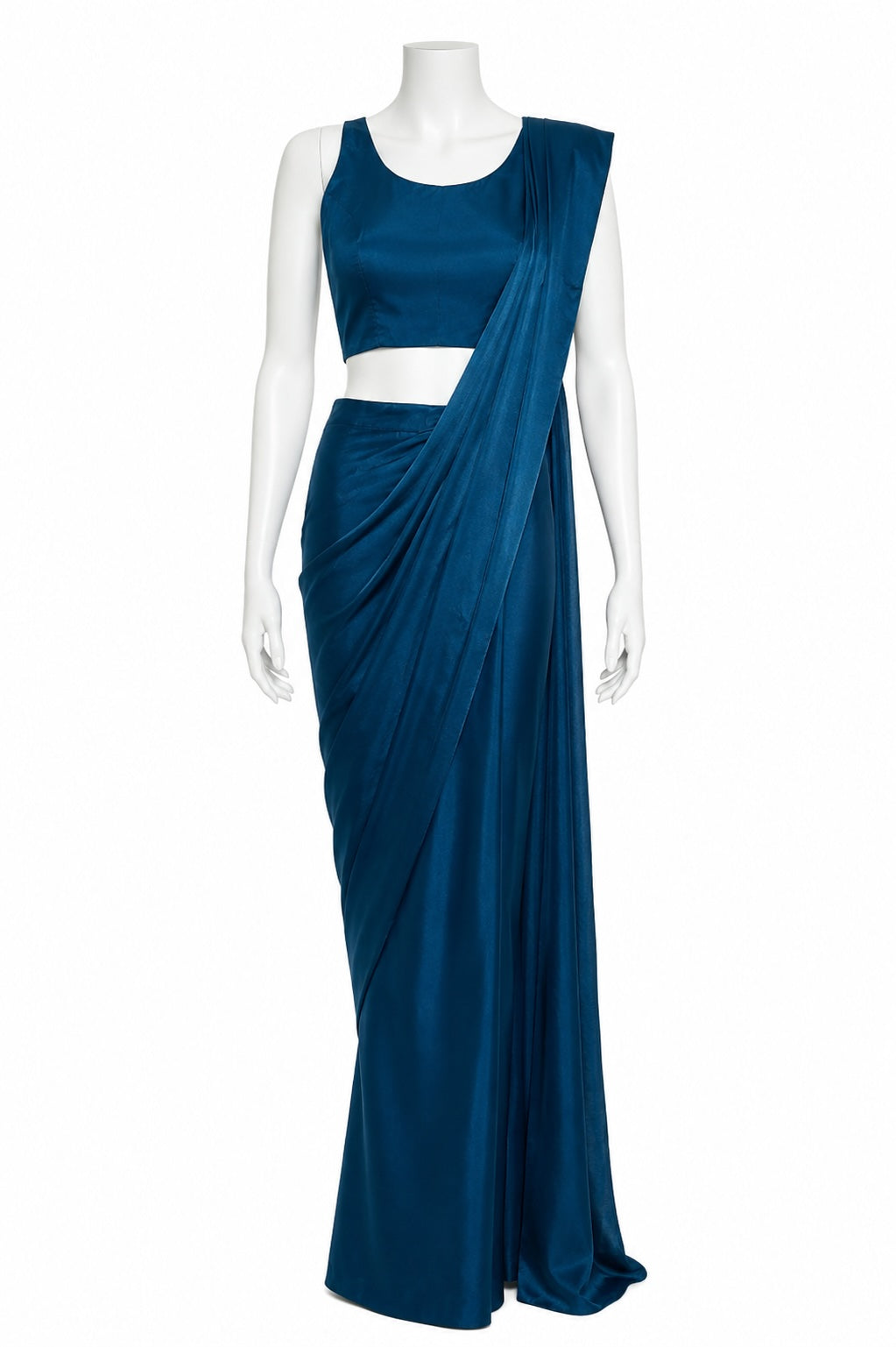 Midnight Blue Ready-to-Wear Saree with Pearl Embellished Collar | Designer Saree