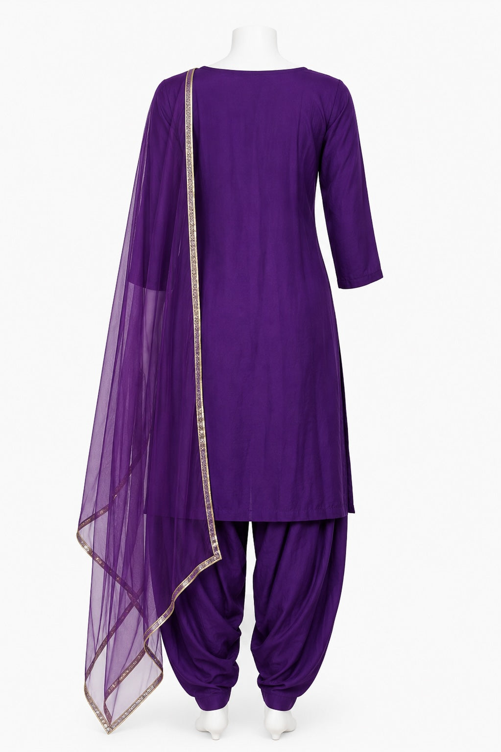 Purple traditional outfit with a dupatta on a white background