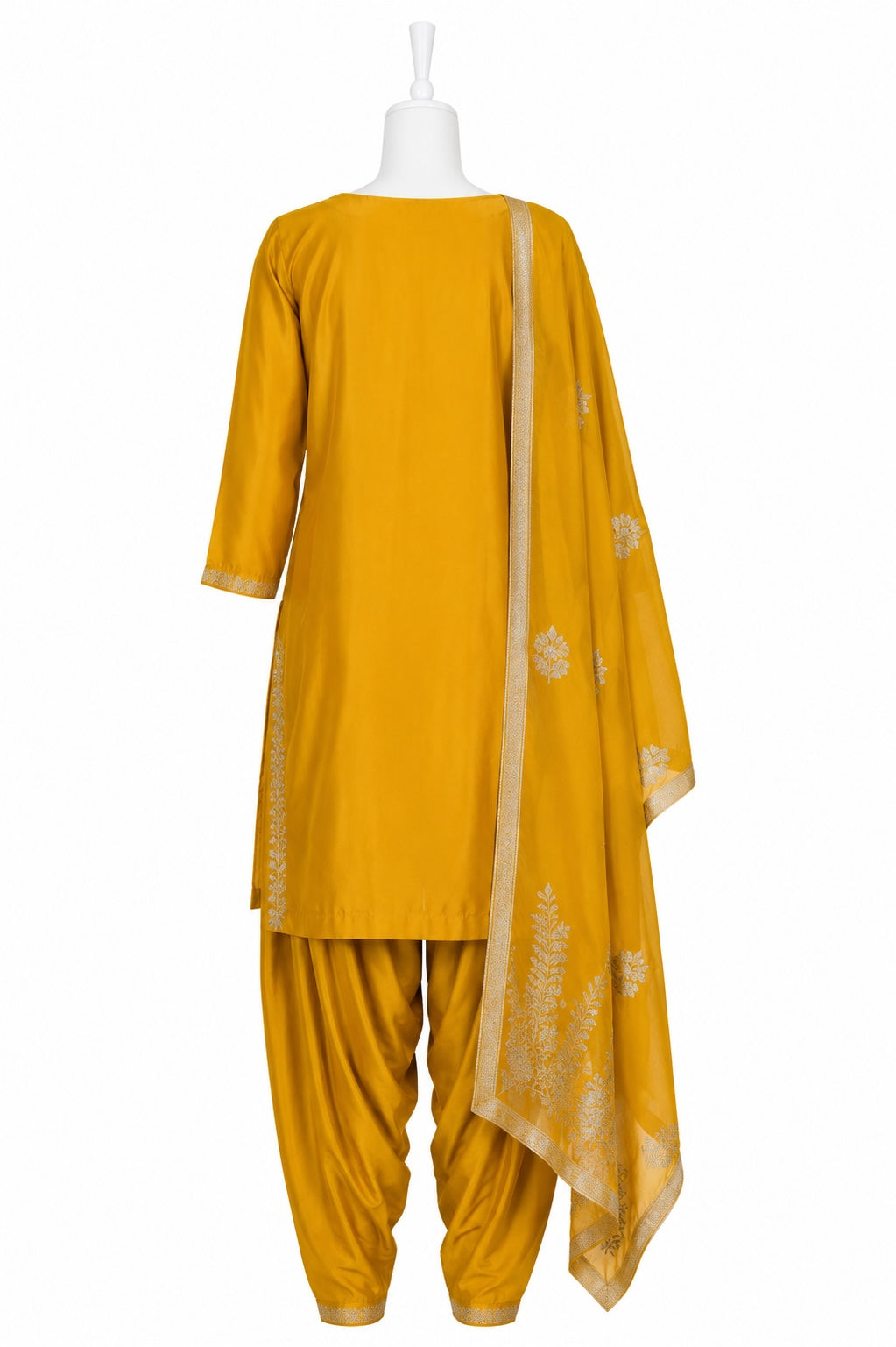 Yellow traditional outfit with dupatta on a white background