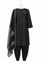 Black traditional outfit with a dupatta on a white background