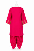 Pink traditional outfit with gold accents on a white background