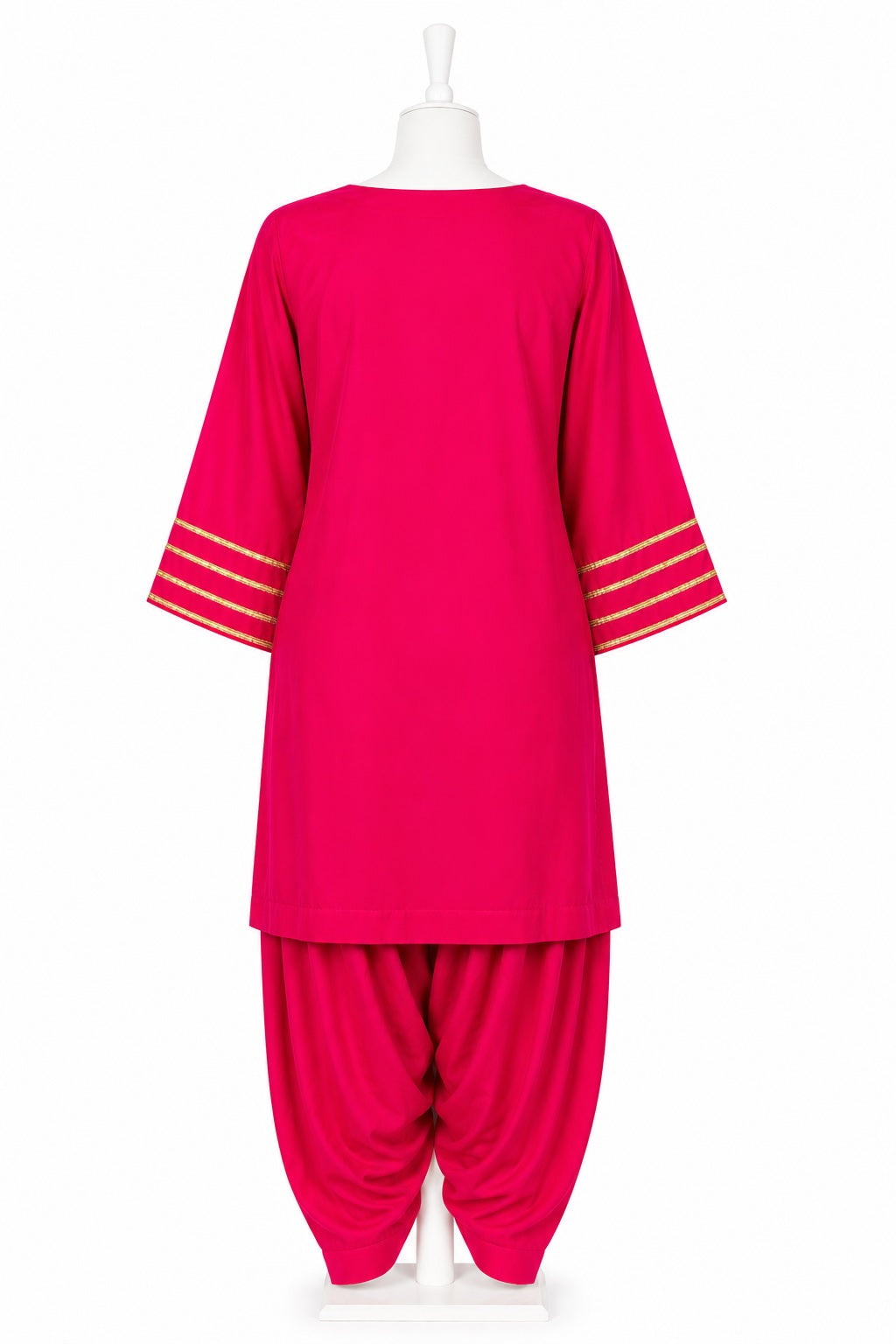 Pink traditional outfit with gold accents on a white background