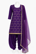 Purple traditional outfit with matching dupatta on a white background