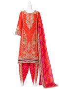Red-orange embroidered traditional outfit with matching dupatta on a white background