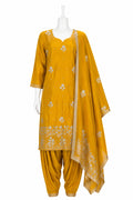 Yellow traditional outfit with matching dupatta on a white background