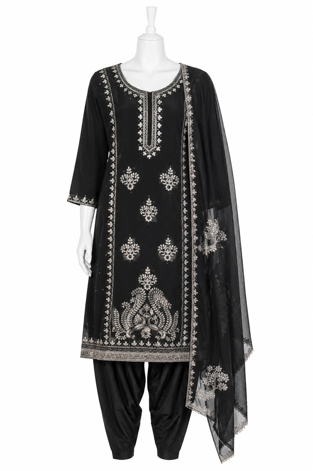 Black embroidered kurta with matching pants on a mannequin against a white background