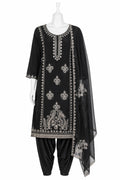 Black embroidered kurta with matching pants on a mannequin against a white background