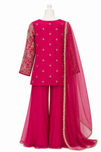 Pink traditional outfit with embroidered details on a white background