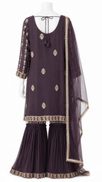 Chocolate Brown Embroidered Sharara Suit with Net Dupatta
