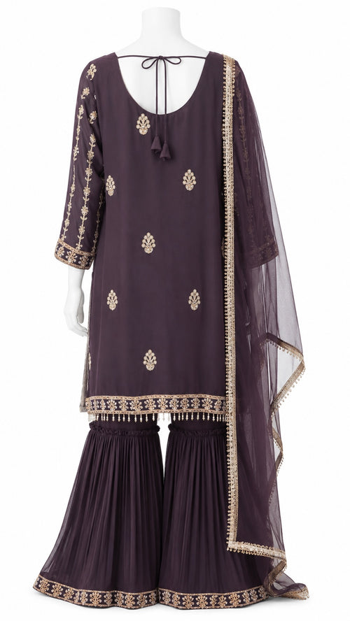Chocolate Brown Embroidered Sharara Suit with Net Dupatta