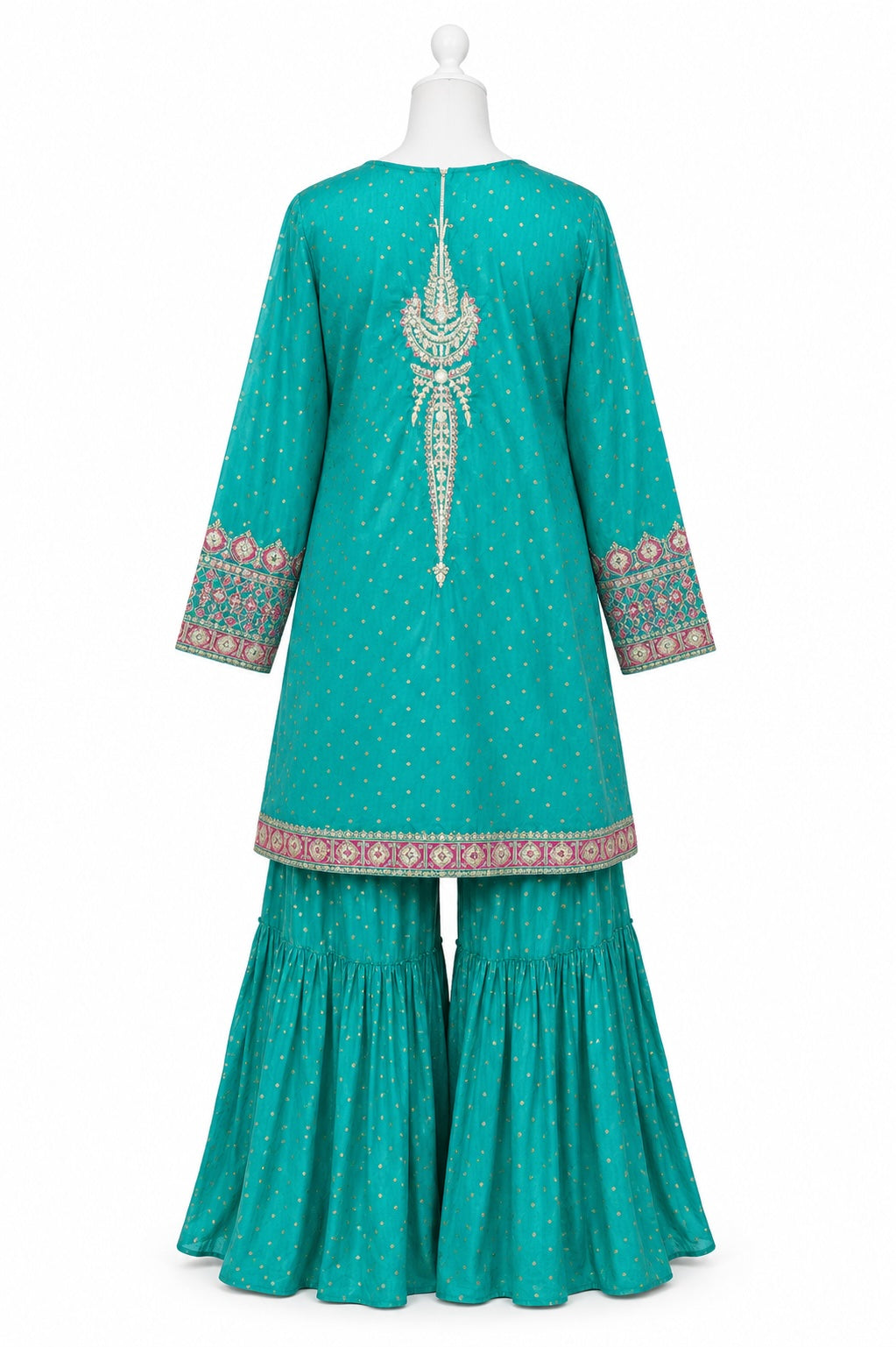 Teal traditional outfit with intricate patterns on a white background