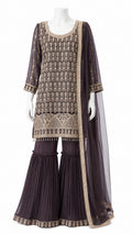 Chocolate Brown Embroidered Sharara Suit with Net Dupatta