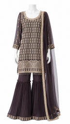 Chocolate Brown Embroidered Sharara Suit with Net Dupatta