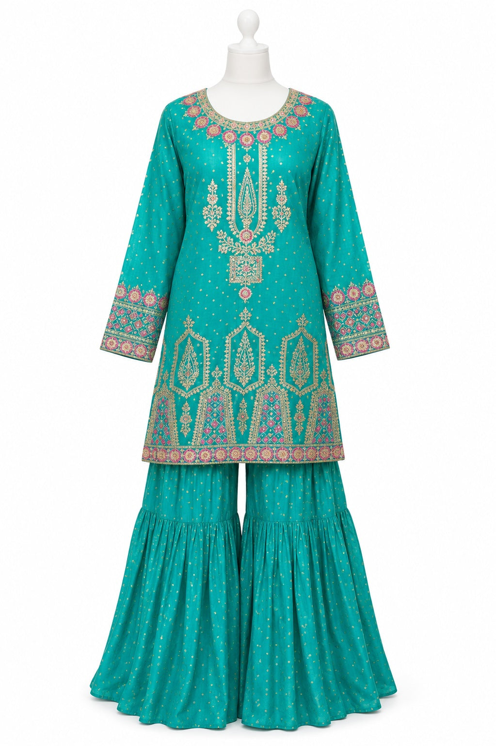 Teal embroidered traditional outfit on a mannequin against a white background