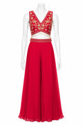 Ruby Red Embroidered Sharara Set with Designer Blouse & Draped Dupatta