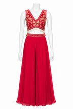 Ruby Red Embroidered Sharara Set with Designer Blouse & Draped Dupatta