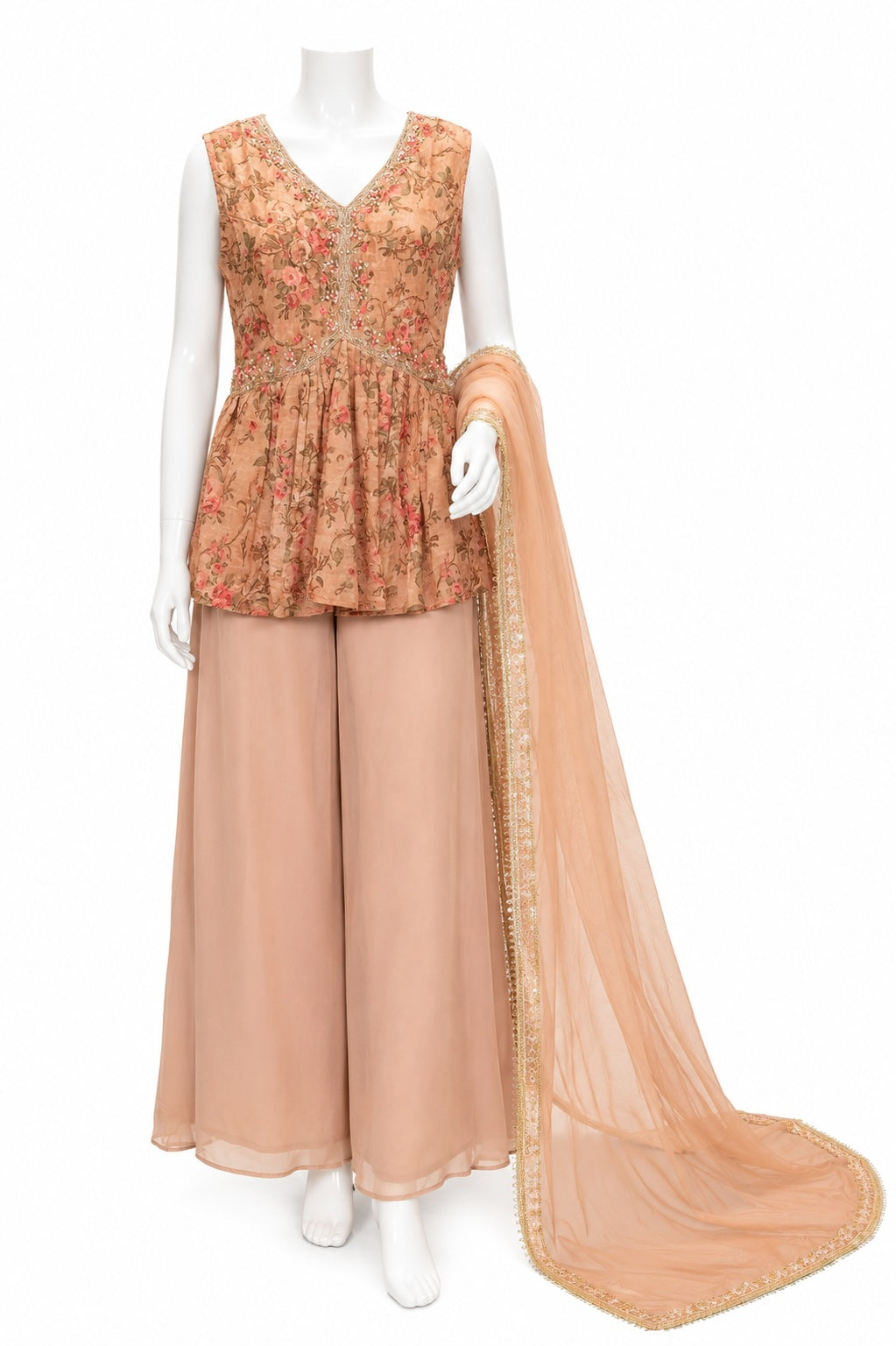 Peach Embroidered Sharara Suit with Net Dupatta | Designer Ethnic Wear