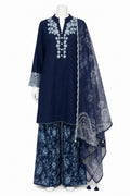 Navy Blue Floral Sharara Suit with Embroidered Dupatta | Elegant Pakistani 3-Piece Outfit