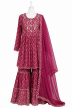 Maroon embroidered traditional outfit with dupatta on a white background