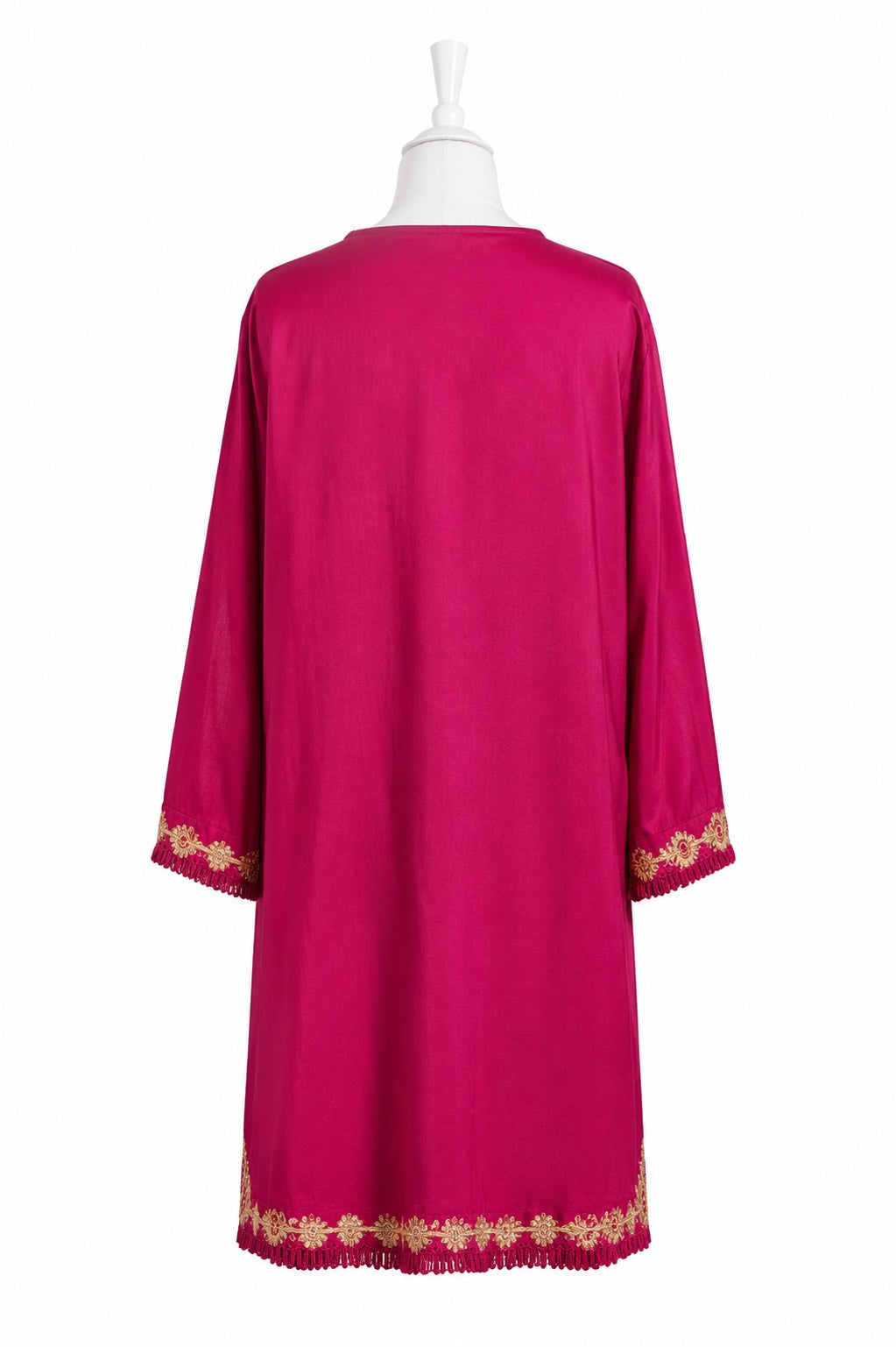Pink kurta with gold embroidery on a white background