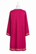 Pink kurta with gold embroidery on a white background