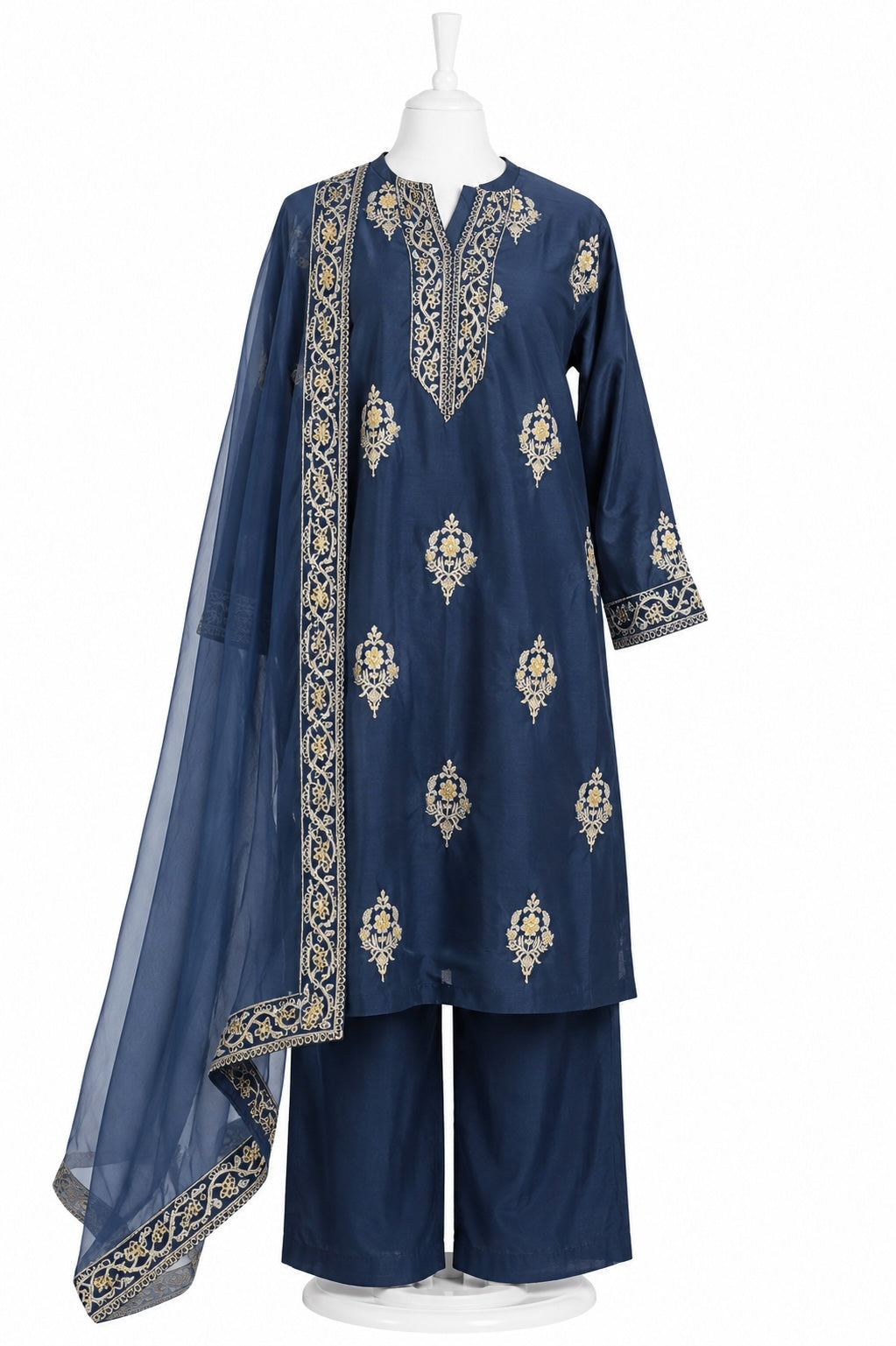 Navy blue embroidered traditional outfit with a dupatta on a white background