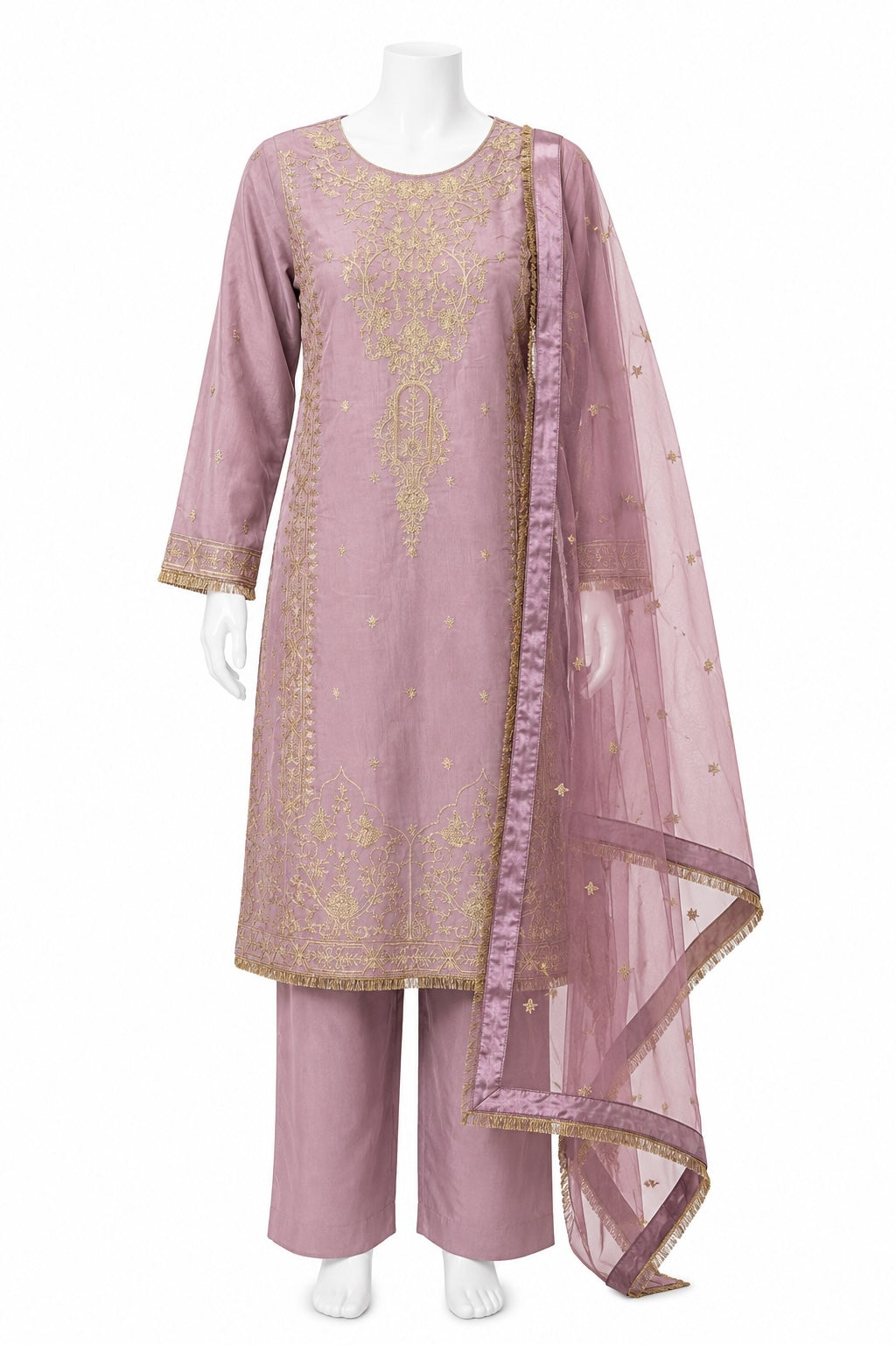 Dusty Rose Embroidered Pakistani Suit with Organza Dupatta | Luxury Festive Wear