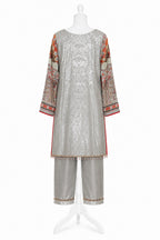 Silver embroidered outfit on a mannequin against a white background