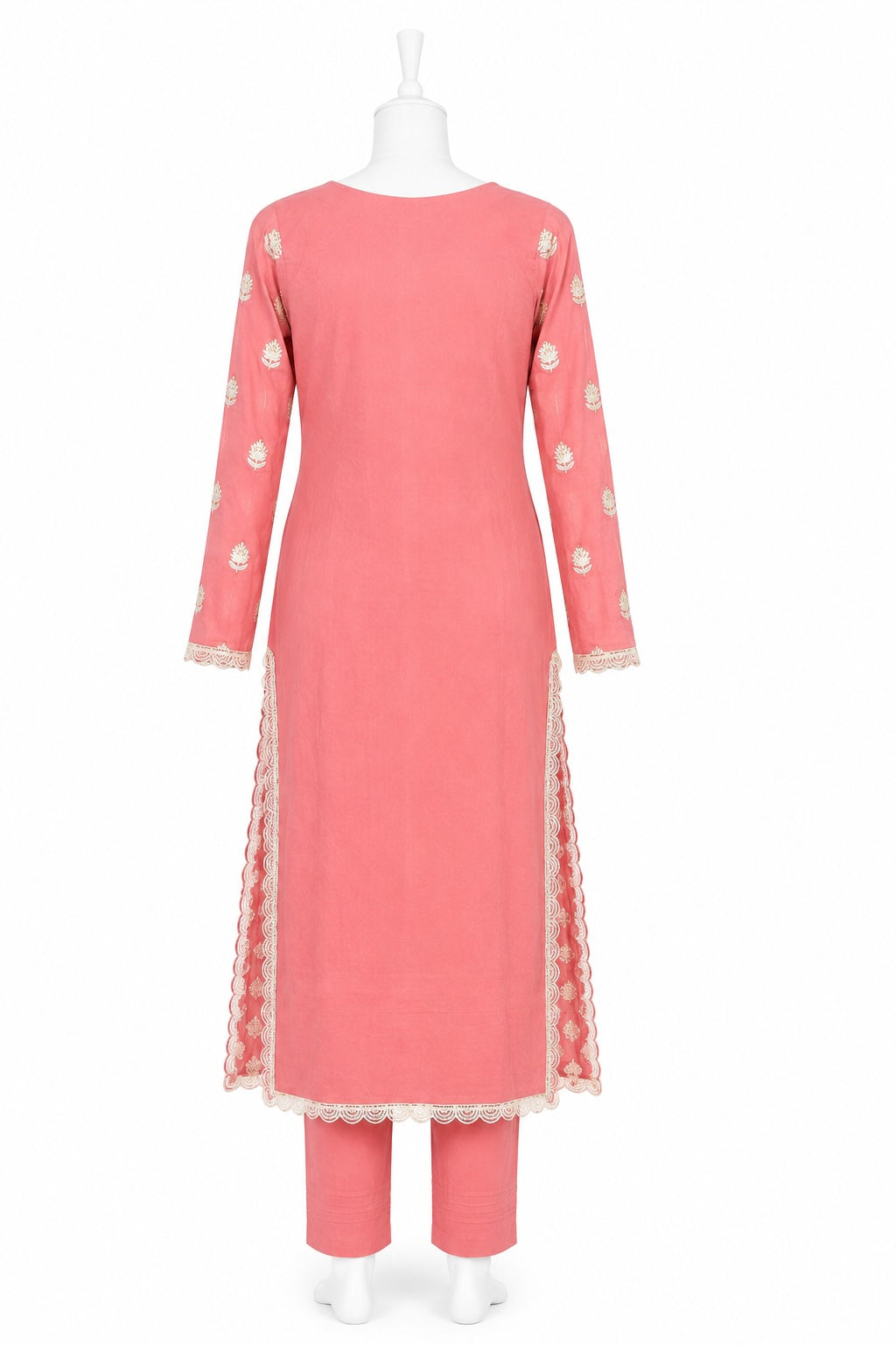 Coral pink kurta with lace details on a white background