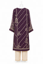 Purple embroidered kurta with beige pants on a white background