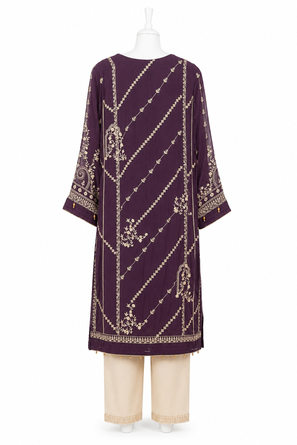 Purple embroidered kurta with beige pants on a white background
