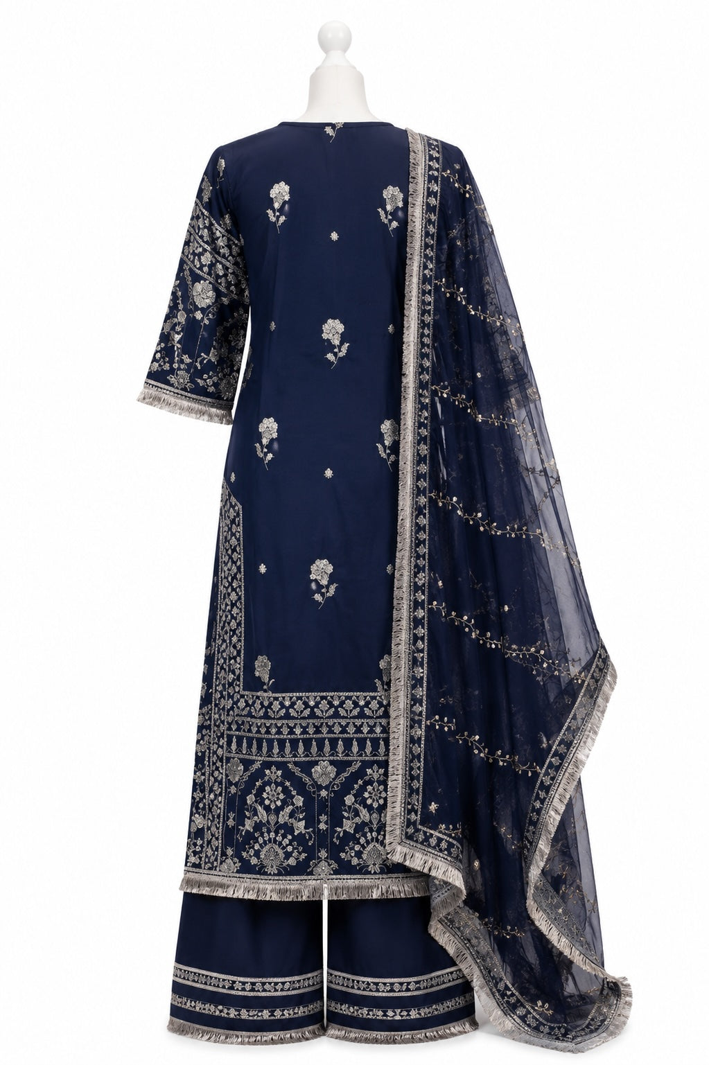 Navy blue traditional outfit with intricate silver patterns on a white background