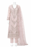 Pink embroidered outfit with a dupatta on a mannequin against a white background