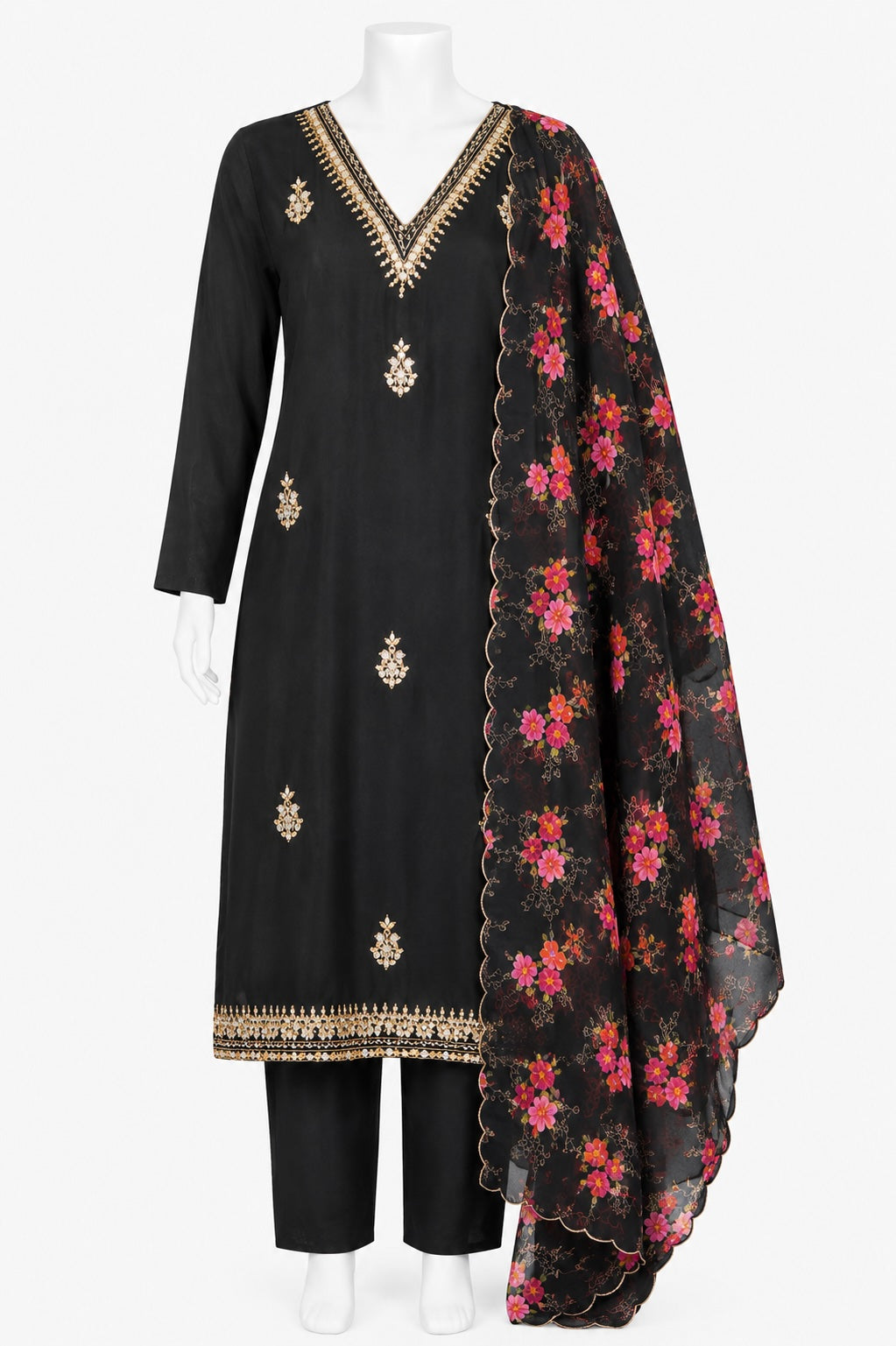 Black Embroidered Pakistani 3-Piece Suit with Floral Dupatta | Elegant Ethnic Wear