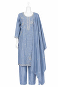 Blue embroidered outfit on a white mannequin with a white background