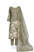 Olive green embroidered outfit with dupatta on a white background