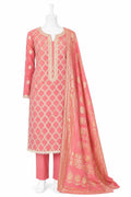 Pink embroidered traditional outfit with dupatta on a mannequin against a white background
