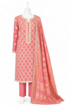 Pink embroidered traditional outfit with dupatta on a mannequin against a white background