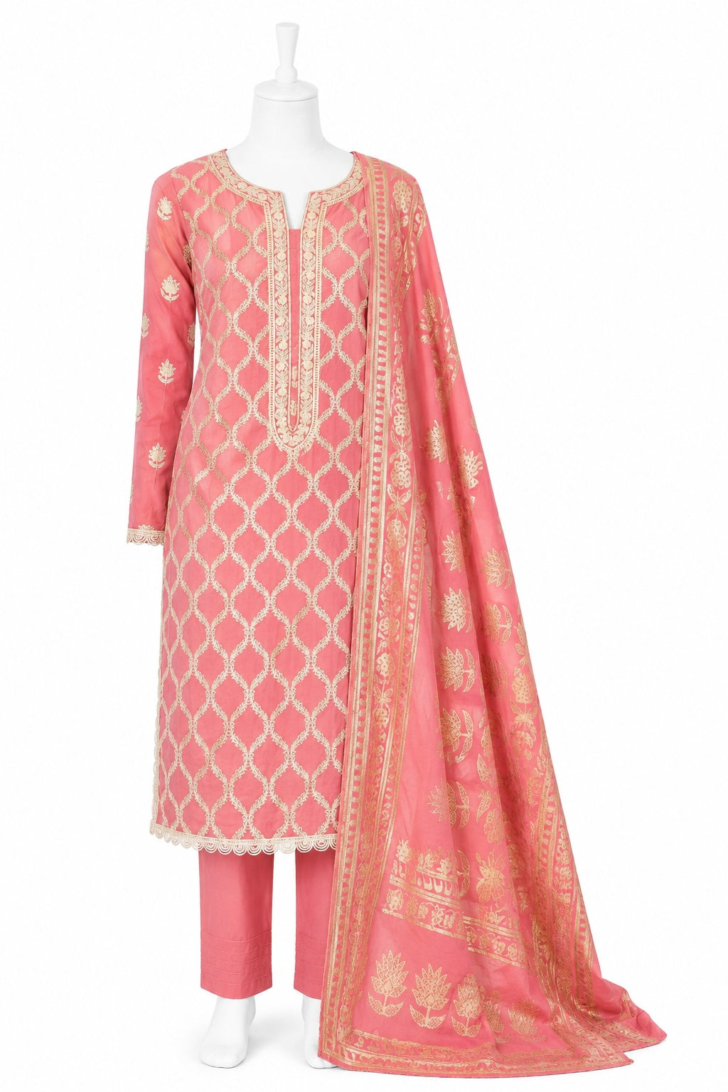 Pink embroidered traditional outfit with dupatta on a mannequin against a white background