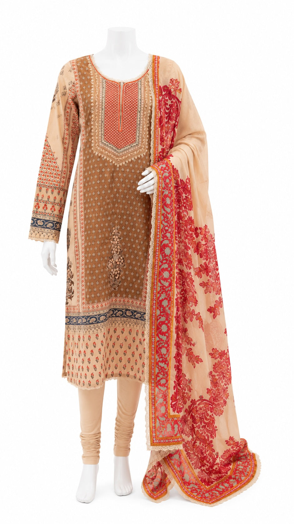 Beige Printed Pakistani Suit with Floral Dupatta | Elegant Salwar Kameez Set