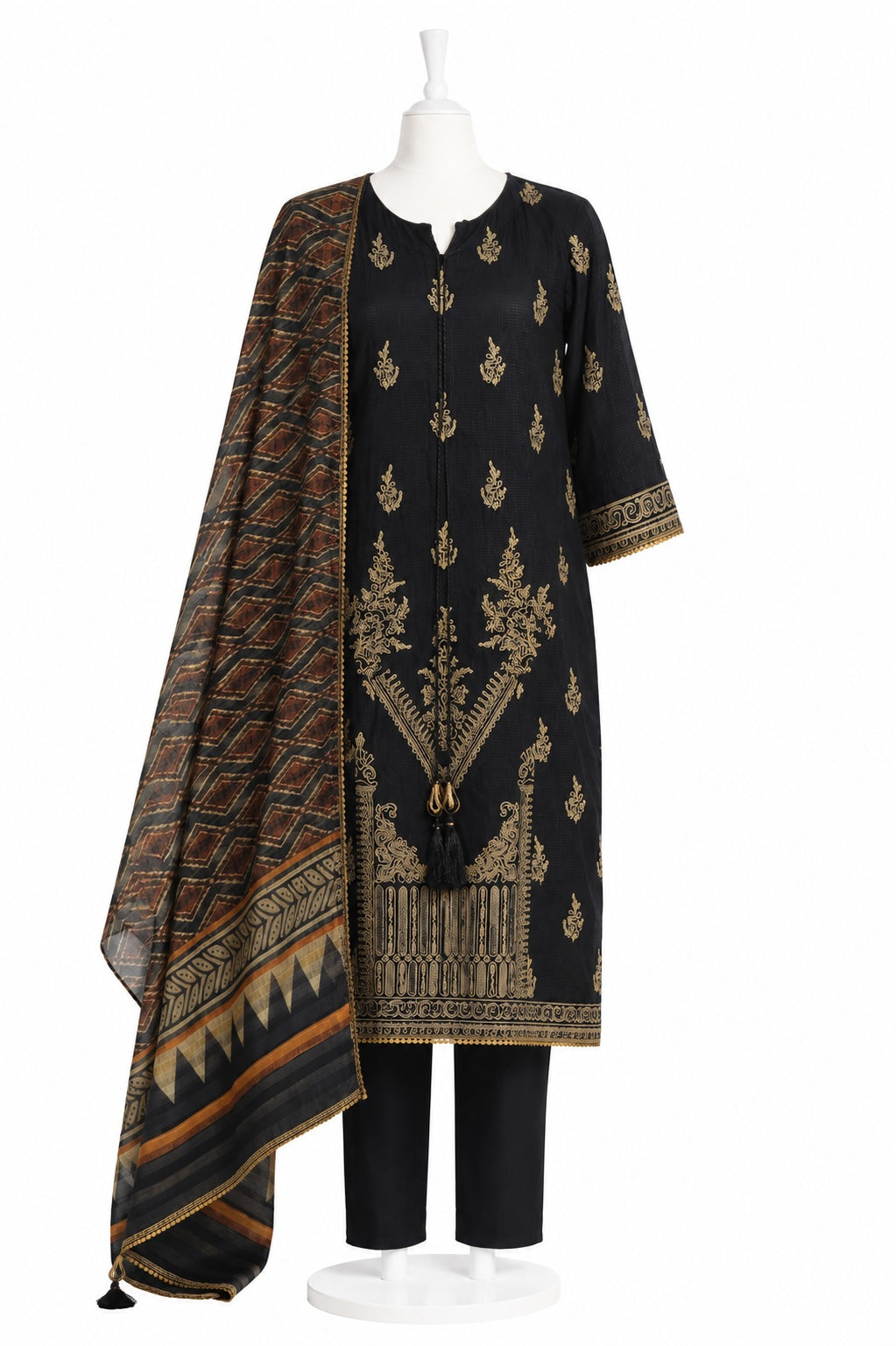 Black embroidered kurta with pants and a patterned shawl on a mannequin against a white background