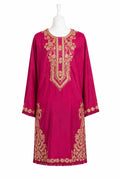 Pink kurta with gold embroidery on a mannequin against a white background
